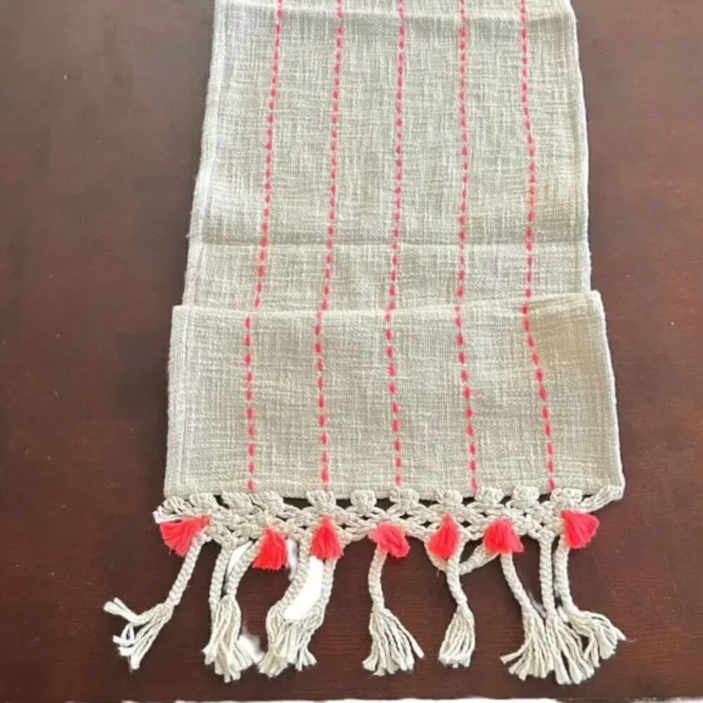 Anthropologie Home Beige & Bright Coral Table Runner 16 x 90 Tassels NEW